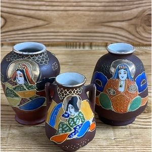 Vintage SONE China SATSUMA Moriage Gilded JAPANESE IMMORTALS Vase  Lot Of 3